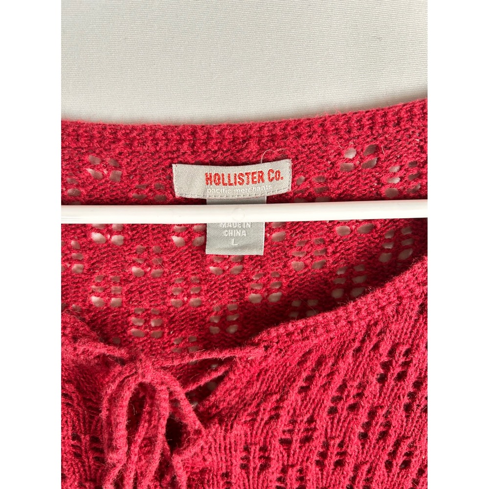 Hollister Co. Women's Red Crochet Knit Long Sleeve Lace-Up Top Blouse Size L Y2K - Picture 3 of 11